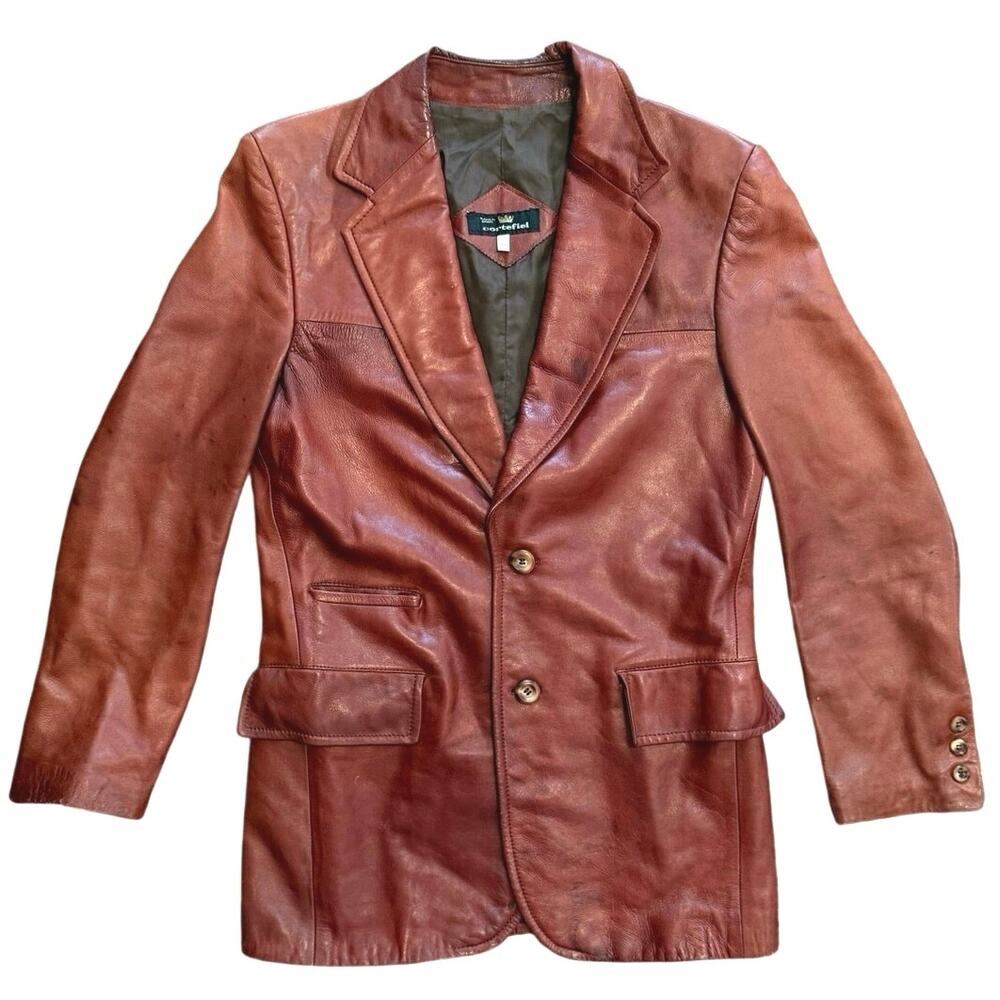 Vintage 70s Cortefiel Spain Leather Blazer Jacket Mens 38 Cognac Brown Disco S